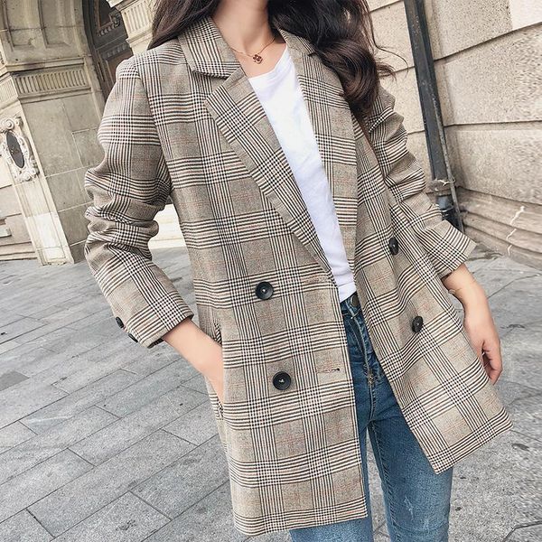 

office ladies notched collar plaid women blazer double breasted autumn jacket 2021 casual pockets female suits coat women's & blazers, White;black