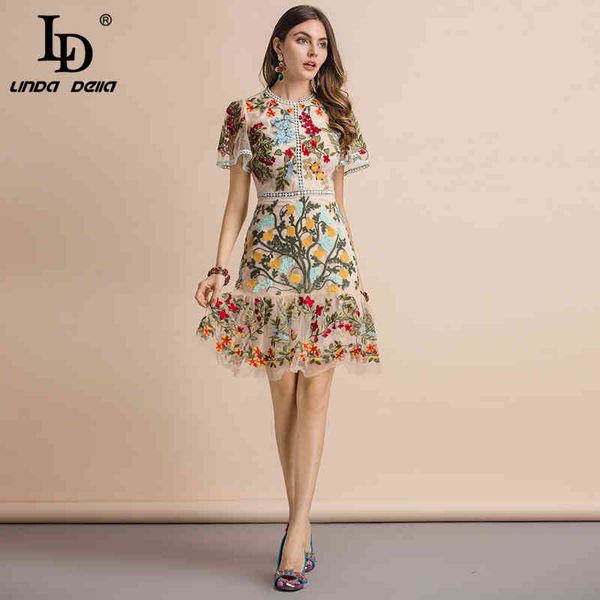 

ld linda della new 2021 fashion runway summer dress womens flare sleeve floral embroidery elegant mesh hollow out midi dresses, Black;gray