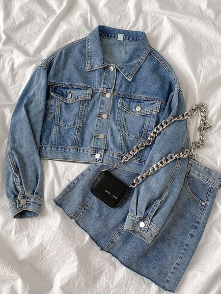 

suit female summer korean fashion design niche short jacket + high waist denim skirt 210525, White