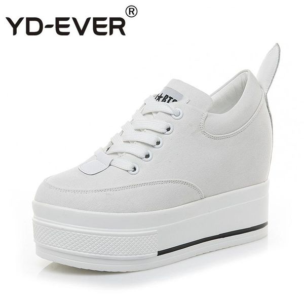

yd-ever 9cm women shoes platform wedge super high heel lace up casual height increasing pumps canvas sneakers dress, Black