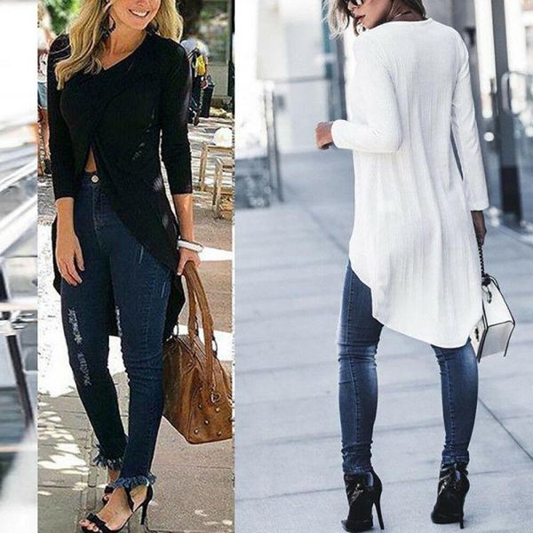 

women's blouses & shirts fashion women casual long sleeve forking irregular blouse pullover shirt, White