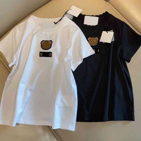

2022 factory wholesale new summer simple fresh embroidery bear head lace lotus collar short sleeve t-shirt, White