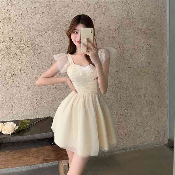 

mesh women summer mini dress vintage french style female strapless ruffles party elegant lady gentle romantic vestidos 210601, Black;gray