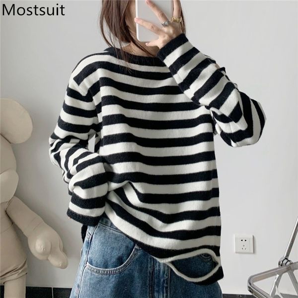 

striped knitted sweater pullover women autumn winter shoulder hollow open o-neck loose knitwear casual fashion korean jumpers 210514, White;black