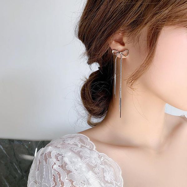

dangle & chandelier korean style simple long chain tassel girl elegant individuality bow drop earrings for women fashion jewelry accessories, Silver