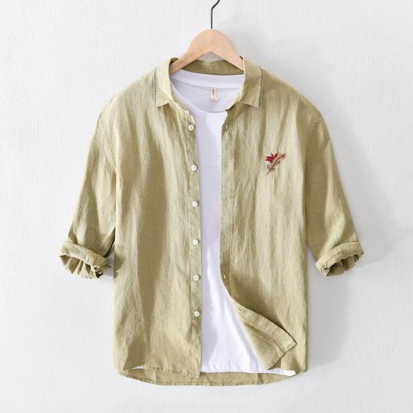 

men's casual shirts natural linen men, comfortable breathable, pure linen, 2021 trend, long sleeve shirt men floral print, White;black