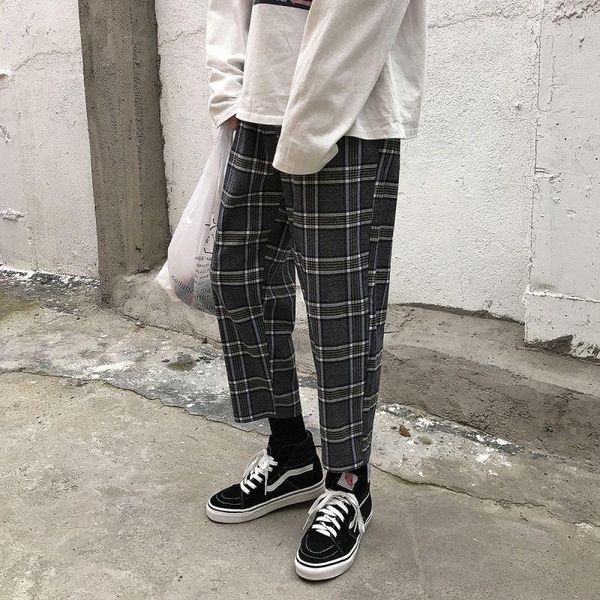 

men's pants 2021 summer korean harajuku hip hop retro print casual plaid cropped cotton sweat joggers streetwear, Black