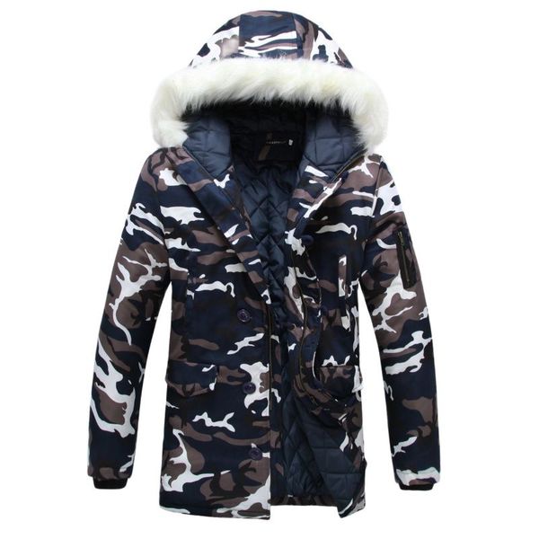 Venda Designers inverno com capuz de veludo masculino parka jaqueta blusão camuflagem grosso à prova de vento casaco masculino quente médio-longo parque militar