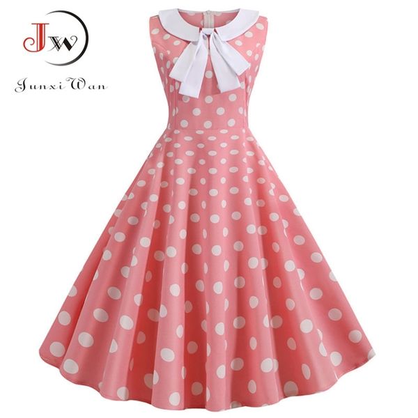 

plus size polka dot vintage dress women summer pink rockabilly office party dress casual peter pan collar bow sundress vestidos 210630, Black;gray