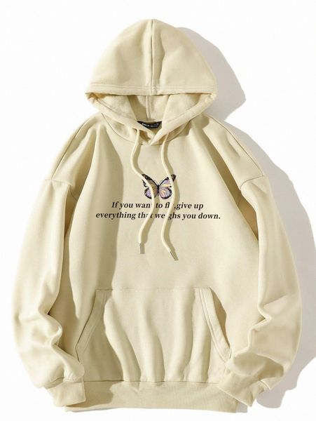 

butterfly & slogan print kangaroo pocket thermal lined hoodie h6y1#, White;black