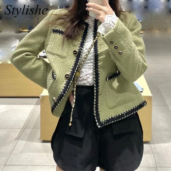 

women's jackets green cropped tweed jacket women korean fashion long sleeve button female coat 2021 autumn winter elegant ladies outerw, Black;brown