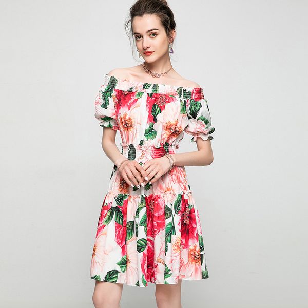 

women's runway dresses slash neckline short sleeves floral printed tiered elastic waist fashion dress, Black