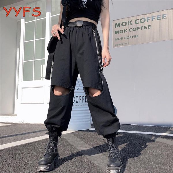 

women's pants & capris detachable women chain loose cargo joggers high waist trousers female street hip hop sweatpants with blet summer, Black;white