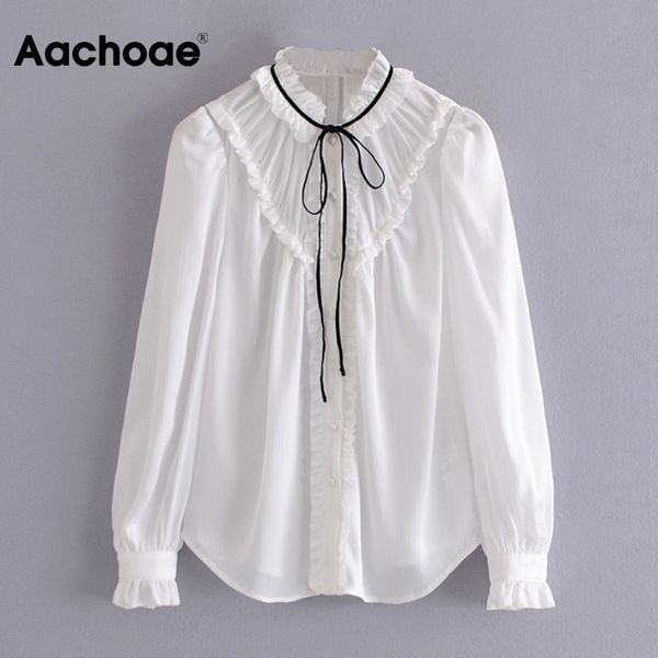 Chic Camisa Branca Mulheres Bow Neck Vintage Blusa Borboleta Sleeve Senhoras Das Senhoras Primavera Outono Chemise Femme 210413