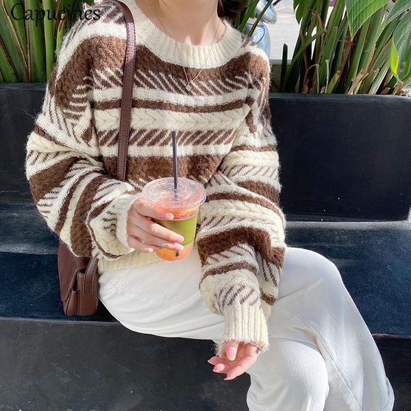 

women's sweaters capucines mohair stripe lazy loose sweater women jumpers drop shoulder long sleeve o neck pullovers casual winter clot, White;black