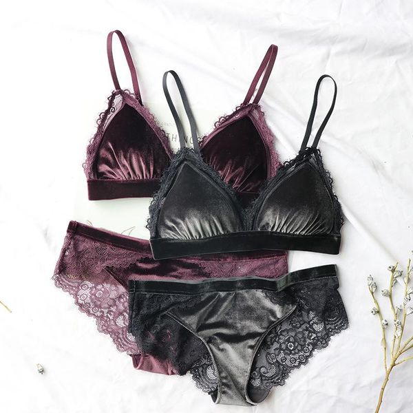 

bras sets velvet wireless women underwear lace burgundy bra set ultrathin french lingerie comfortable push up briefs, Red;black