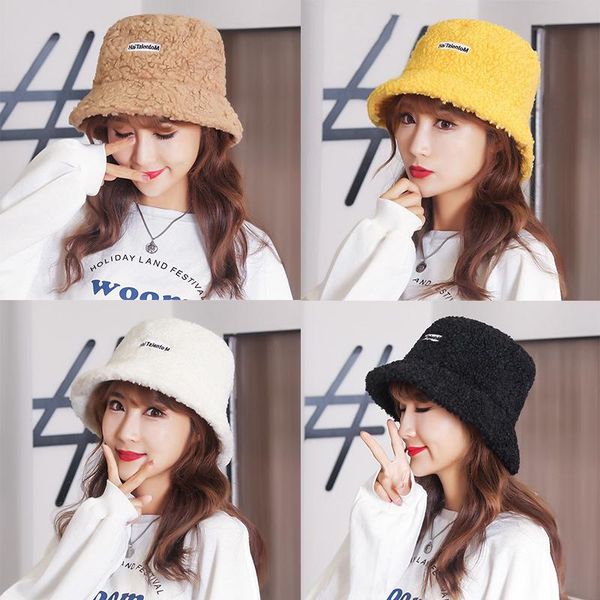 

wide brim hats fashionable all-match warm for women girls solid color lamb wool fisherman hat letter embroidered, Blue;gray