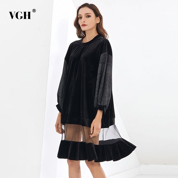 

vgh patchwork mesh dress of the big sizes o neck hollow out irregular long sleeve women's midi dress autumn fashion casual 210421, Black;gray