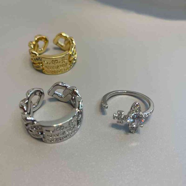 

band ring rings empress dowager xi's small zircon letter hollowed out geometric diamond inlaid planet metal wind opening adjustable fem, Silver