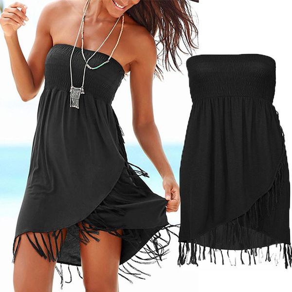 

women's swimwear summer trendy one-shoulder strapless backless sleeveless pleated tube irregular hem fringed beach short skirt, White;black