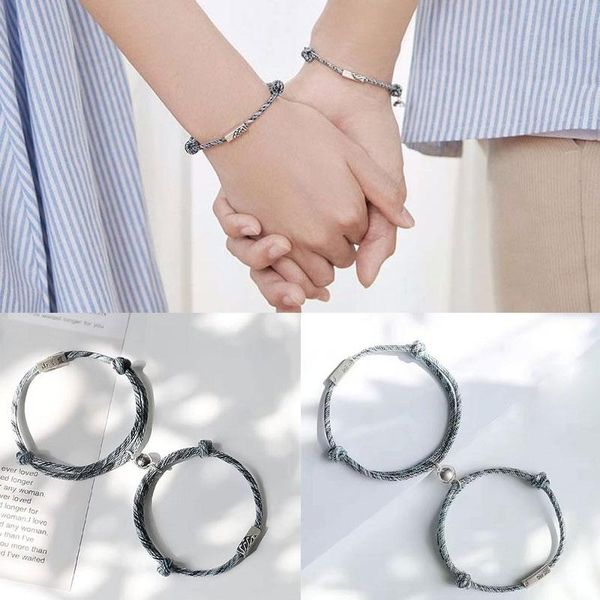 

link, chain bracelet for couple 2pcs/set 2021 fashion lovers attracting love forever men and women jewelry lover gift, Black