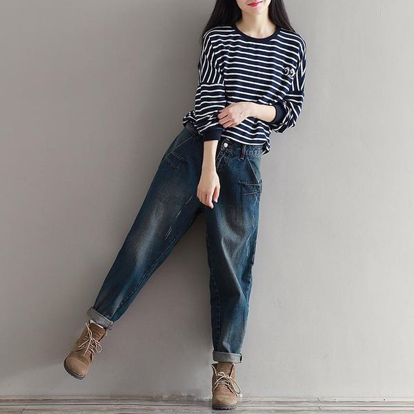 

women's jeans streetwear denim trousers harem-pants loose high-waist spring autumn women, Blue