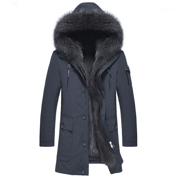 

men's leather & faux real fur coat natural raccoon parka winter jacket men clothes 2021 luxury warm jackets plus size 4xl 5xl chaqueta, Black