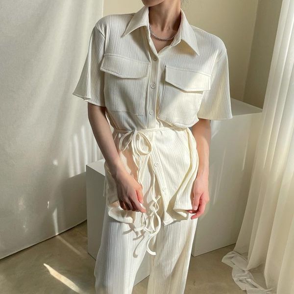 

casual loose two piece set women outfits short sleeve bandage shirt and high waist long pant suits conjuntos de mujer women's pants, White