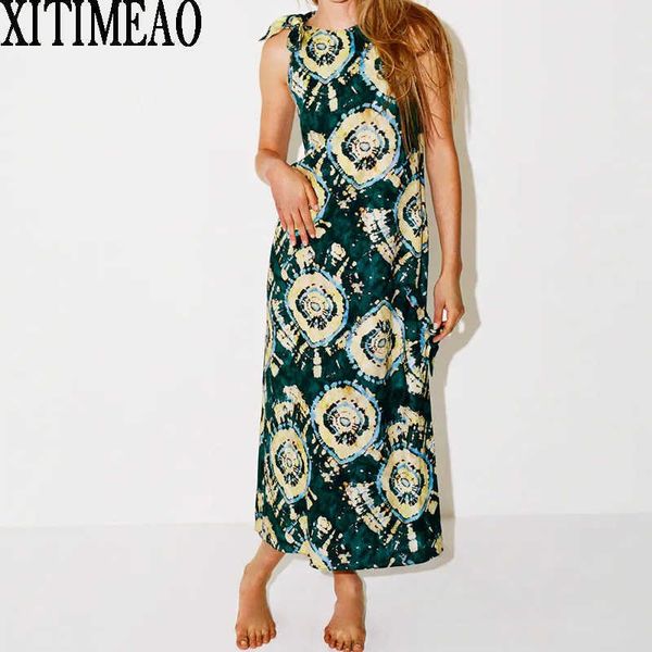 

za summer women retro floral print dress sleeveless o neck loose long length party female holiday dess 210604, Black;gray