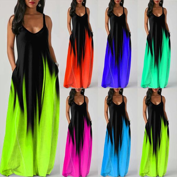 

casual plus size tie women dress dy gradient o neck pockets sleeveless maxi long vestido de mujer summer, Black;gray
