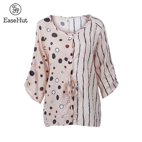 

easehut plus size women summer blouse 3/4 sleeved striped dot print button down retro holiday boho shirts casual s-5xl women's blouses, White