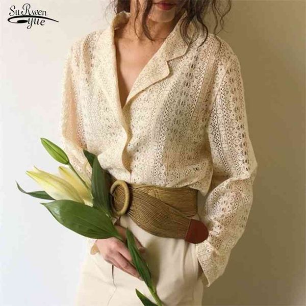 

spring blusas women blouse lace simple shirt long sleeve solid hollow cardigan korean chic loose notched collar clothes 210421, White