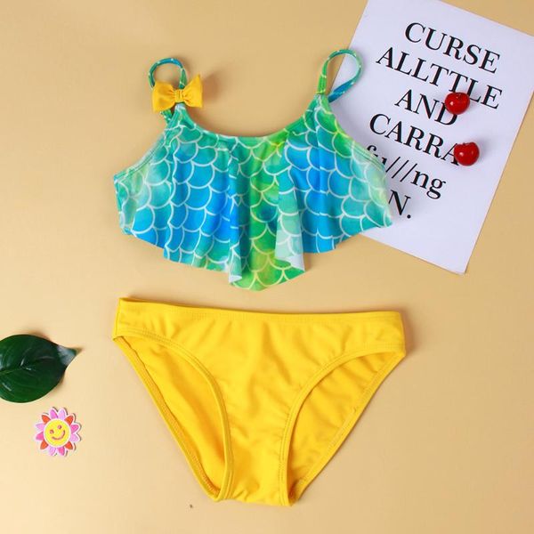 

kids girls summer swimsuits toddler fish scale printing bow decoration sling with solid color triangle bottoms swimwear one-pieces, Black