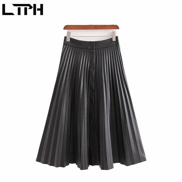 

ltph high-quality mid-length pu leather pleated skirt empire single breasted big hem simple elegant women skirts autumn 210423, Black