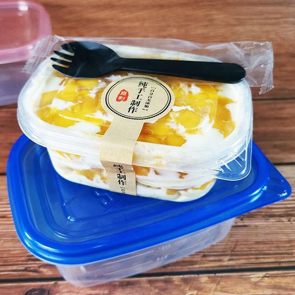 Descartável 709ml caixa de sorvete longo retângulo transparente cor-de-rosa azul branco caixas plásticas para mousse pastely queijo bolo titular de alimentos 50 conjuntos / lote