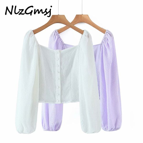 

blouse women retro purple crop romantic shirt long sleeve chic female 210628, White
