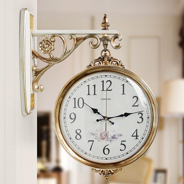 

gold art wall clock nordic design double sided creative light luxury mute rural duvar saati home decor 50wc clocks