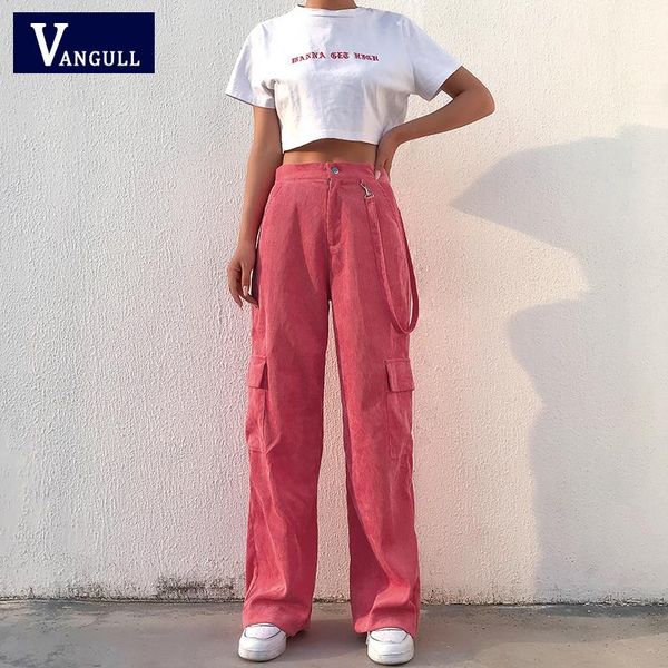 

women's pants & capris vangull women casual pockets patchwork cargo 2021 spring high waist straight trousers solid woven full length, Black;white