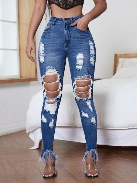 

sxy curvy high stretch ripped skinny jeans 50le#, Blue