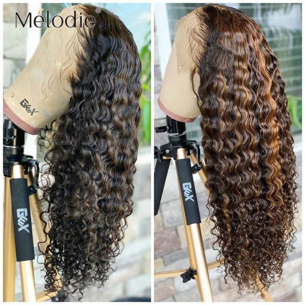 

lace wigs melodie highlight deep wave front brazilian human hair 150% density scalp closure with baby remy, Black;brown