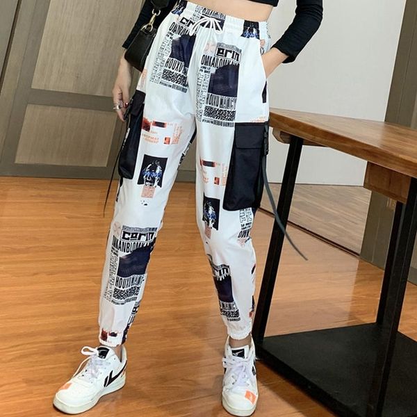 

women's pants & capris cargo women with print wide leg trousers high street punk female breeche harajuku harem pant pantalon femme, Black;white