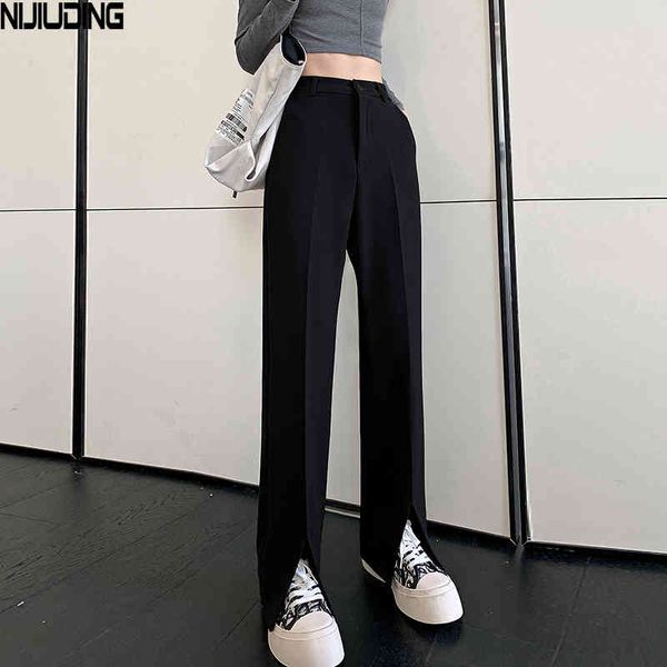 

casual chic loose high waist female wide leg pants spring summer ladie split trousers women floor-length white suits 210514, Black;white