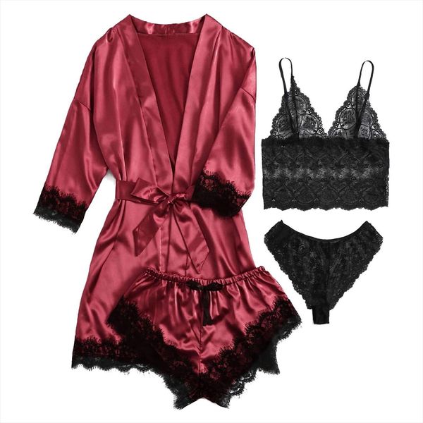 

pijama set 4 piece women sleepwear garter lingerie robes lace bodysuit deep v neck home suit loungewear pajamas pizama, Black;red
