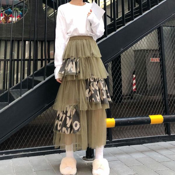 

real s 2021 fashion personality stitching letter net yarn mid-length cake skirt skirts, Black