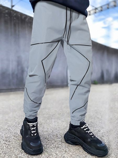 

men reflective drawstring waist pants d3j7#, Black