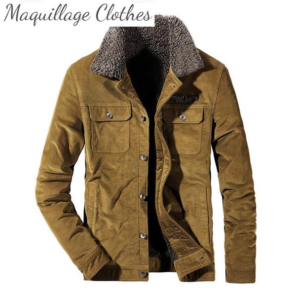 

men winter corduroy jackets outwear fur collar fleece lined coats for male size m-4xl thermal men's, Black;brown