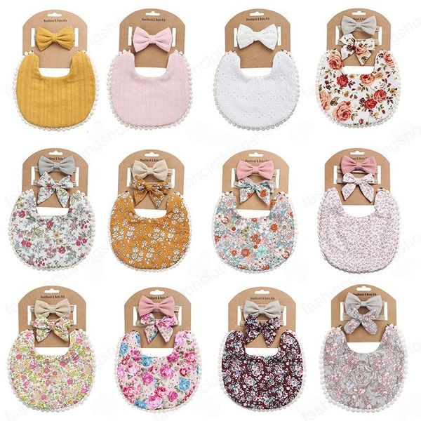 

floral bibs headband set infant toddler bandana burp cloths newborn baby girls boys linen cotton flower print saliva towel bib bow headwear