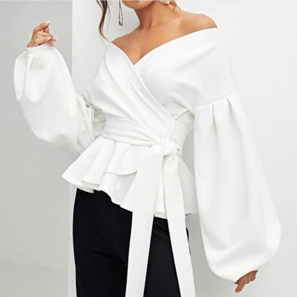 

white office lady elegant lantern sleeve off the shoulder solid blouse autumn women and blouses s  l xl xxl women's & shirts