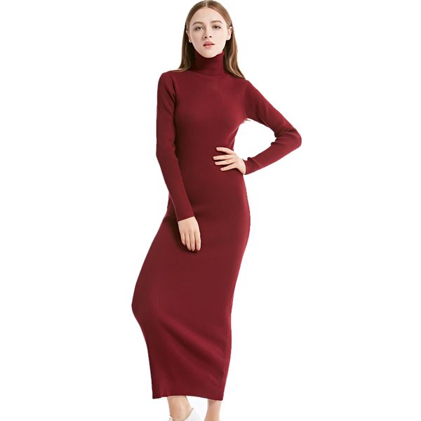 

20212021 new fashion women party dress knit style long sleeve turtleneck winter maxi dress slim work wear office dress vestidos, Black;gray