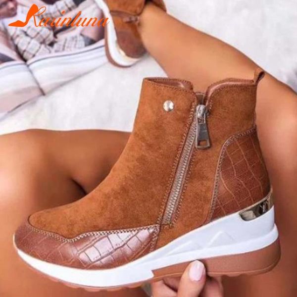

boots karin fashion female 2021 autumn casual walking round toe wedges med heels zipper women ankle shoes, Black